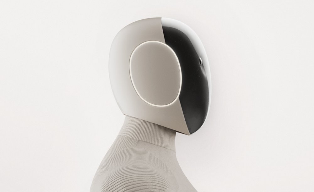 Close-up of 1X's NEO humanoid robot's head