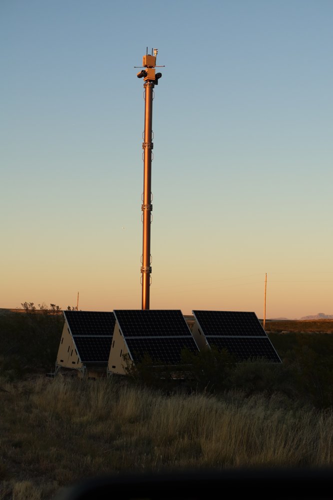 An Anduril Sentry Tower at dusk in Luna County, New Mexico