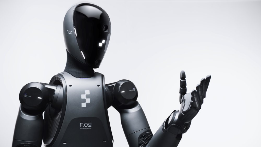Close-up of Figure's Figure 02 humanoid robot, marked "F.02"