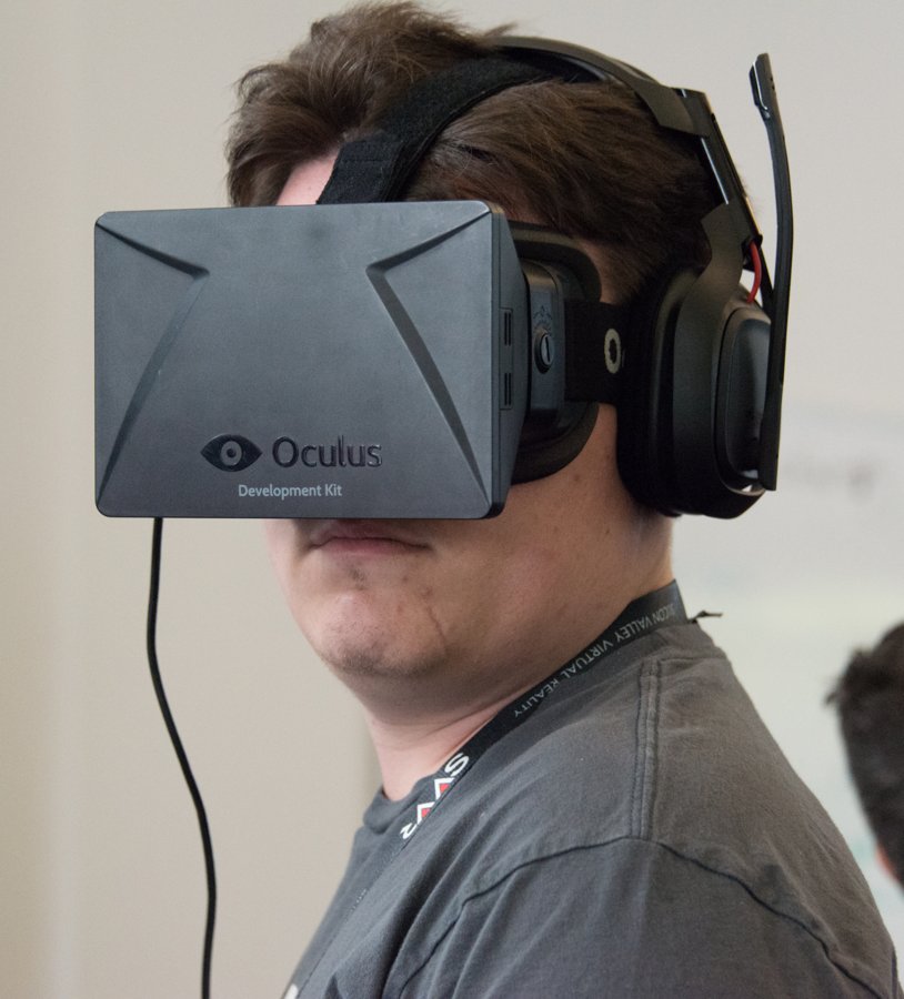 Palmer Luckey wearing an Oculus Rift Development Kit 1 headset at SVVR 2014