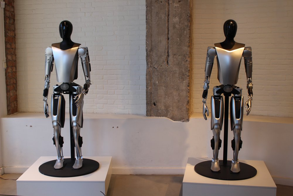 Two Optimus humanoid robots standing side by side on display stands