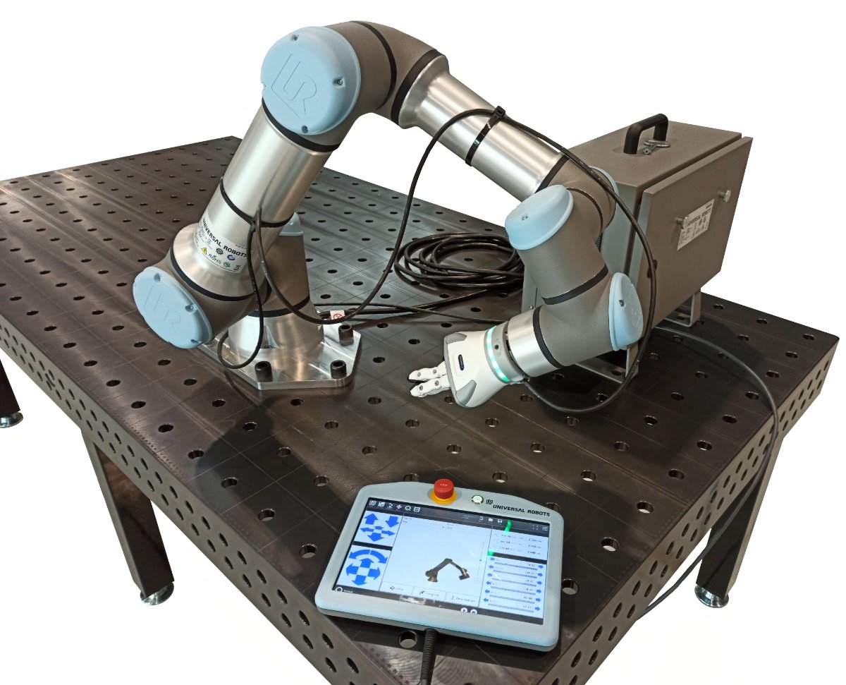 A Universal Robots collaborative robot arm with its teach pendant