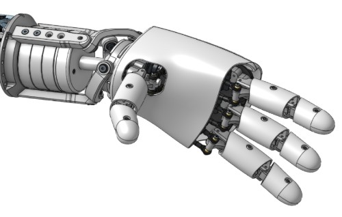 CAD rendering of Amazing Hand attached to Reachy 2's Orbita wrist actuator