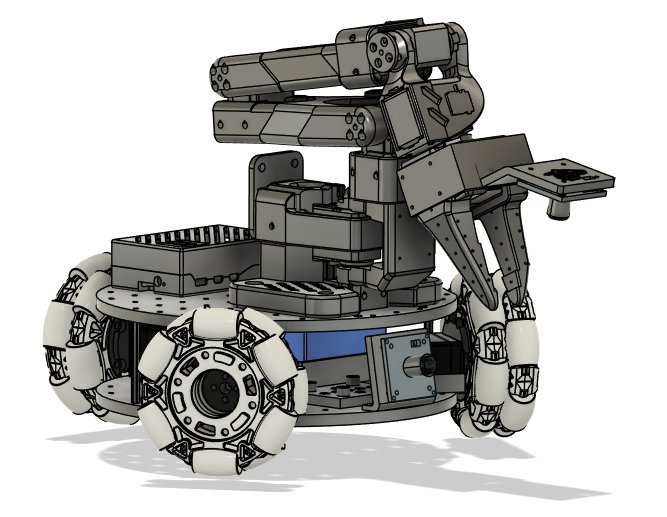 CAD render of LeKiwi v1, showing the arm, turntable mount, and three-wheel base