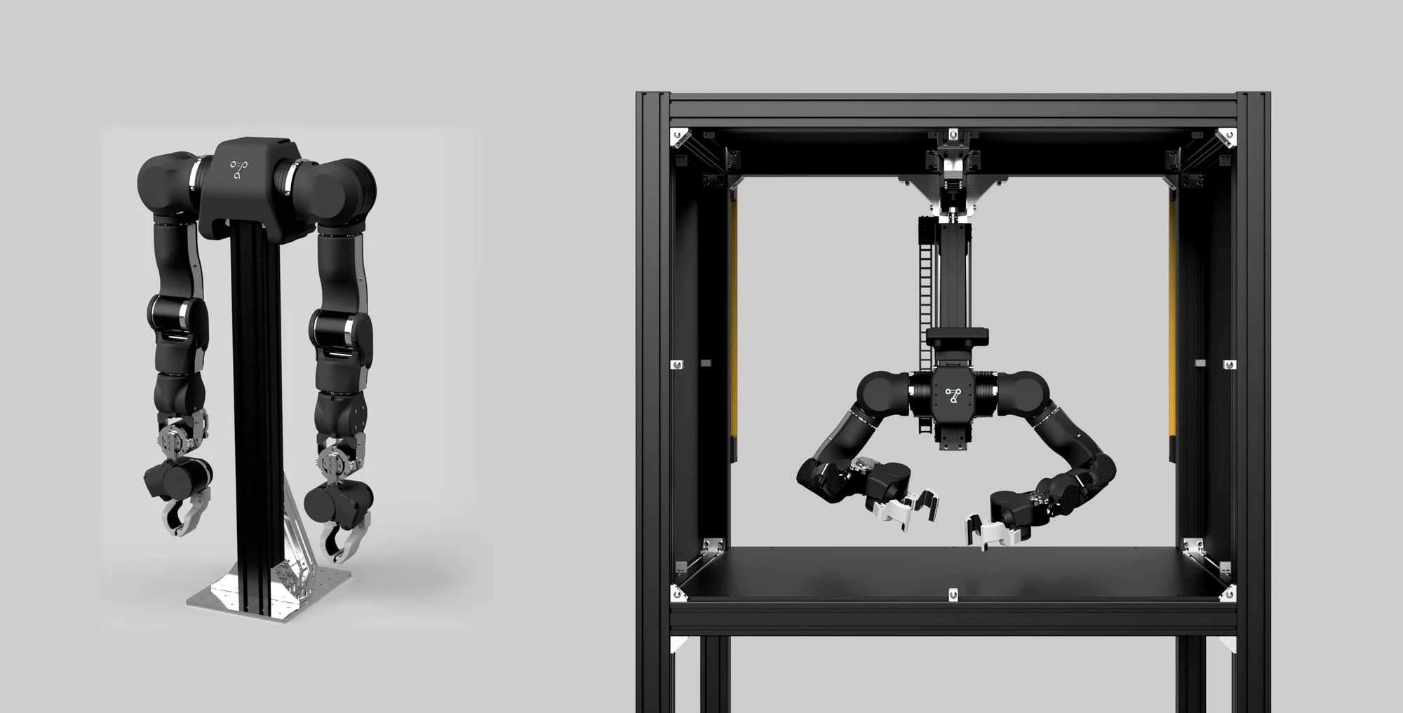 OpenArm 2.0 bimanual arm on a stand (left) next to an OpenArm mounted inside the OpenArm Cell standardized evaluation enclosure (right)