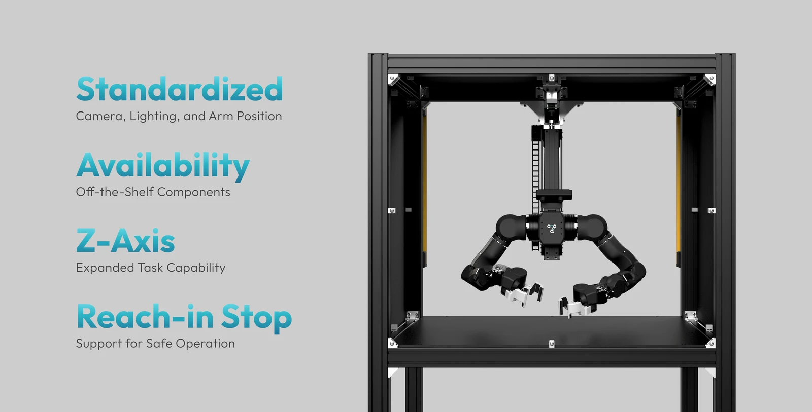CAD-Rendering von OpenArm Cell, einer standardisierten Testkabine mit einem darin montierten OpenArm-Zweiarmsystem