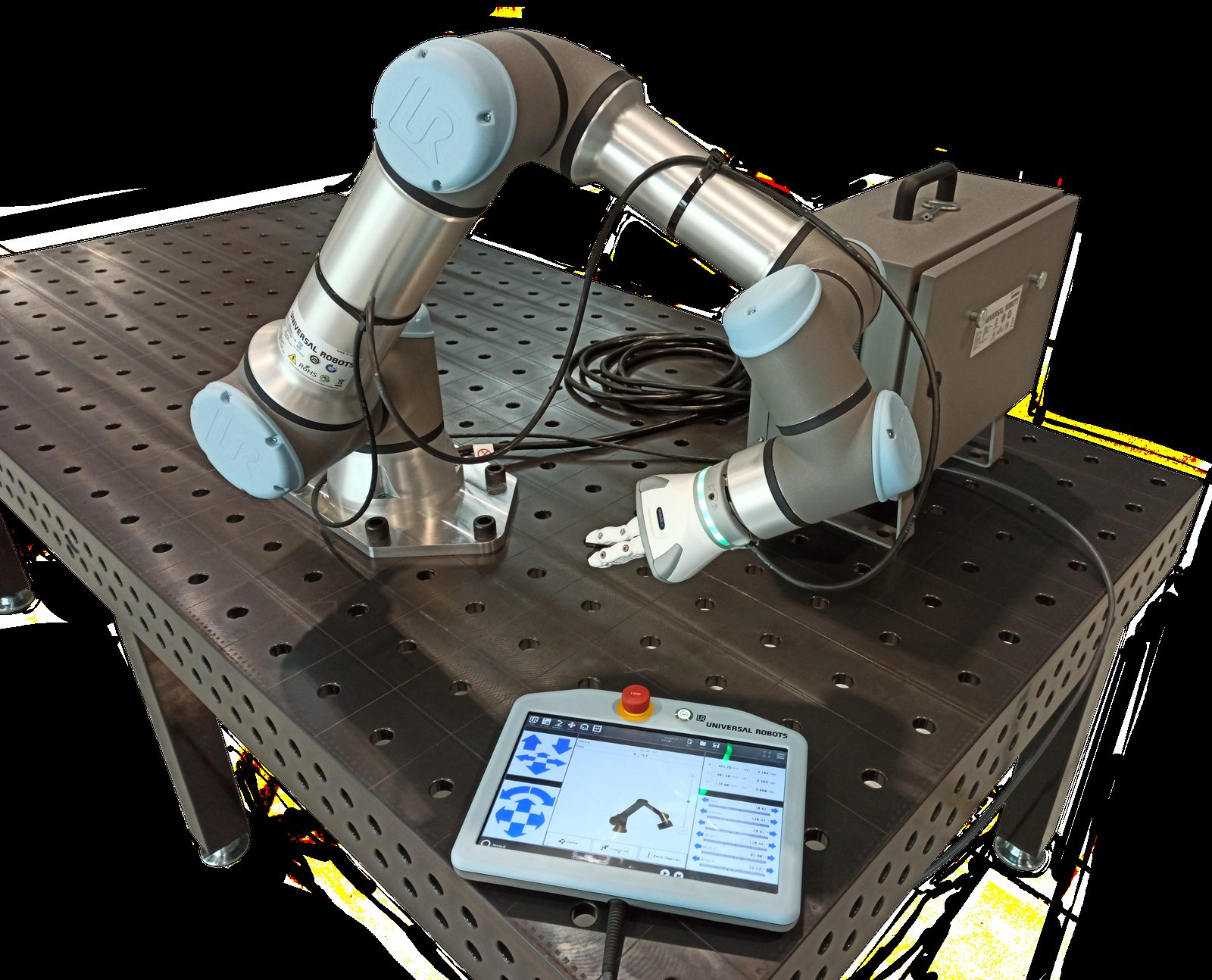 A Universal Robots UR16e collaborative robot arm with its controller